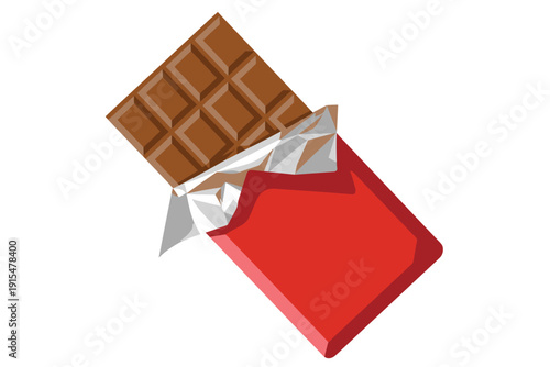 A chocolate bar partially unwrapped on a white background