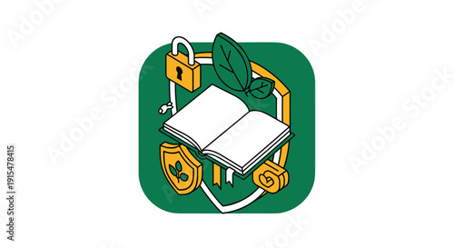 An icon of an open book in front of a shield with a leaf and a lock, representing intellectual property or environmental law.
