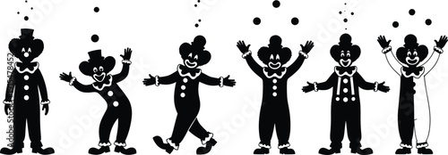 Clown silhouettes juggling balls in different poses, circus performer characters isolated on white background vector illustration