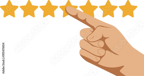 A hand pointing to a row of gold stars rating