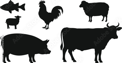 Collection of black silhouettes of farm animals including cow, pig, sheep, rooster and fish isolated on white background for design.