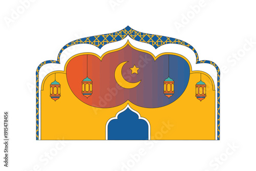 Festive Islamic archway with crescent moon and lanterns, celebrating a holy occasion