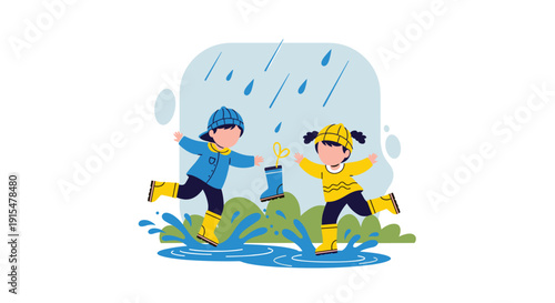 A cheerful illustration of a boy and girl in raincoats and boots, happily jumping and splashing in puddles on a rainy day.