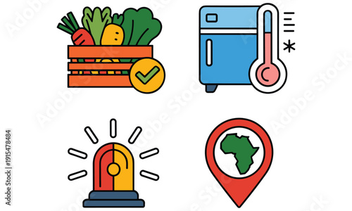 Colorful icons depicting produce refrigeration location and warning signals