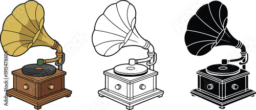 Traditional Gramophone silhouette & Outline and illustration set isolated on transparent background