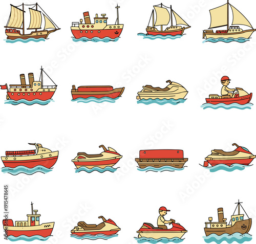 Vector illustration of various boats and ships on white background