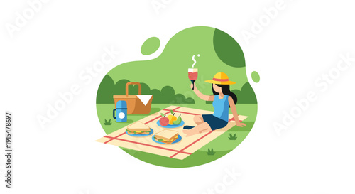A flat illustration of a young woman enjoying a solo picnic in the park, relaxing on a blanket with food and a glass of wine.