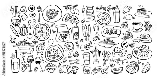 Hand drawn kitchen food and utensils sketch set. Messy table with pizza, vegetables and coffee. Imperfect black outline doodle for cooking blog or cafe design.