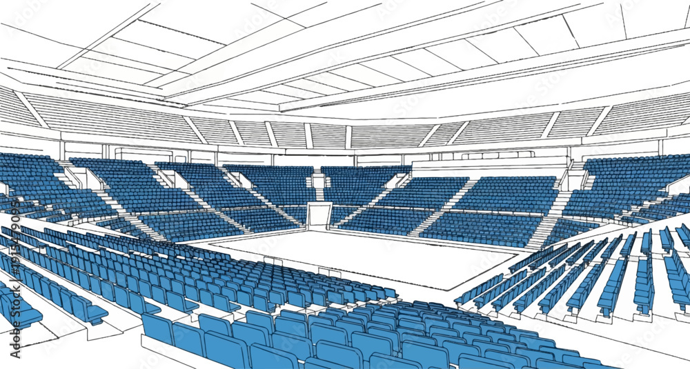Fototapeta premium An empty stadium with tiered blue seating and a white court