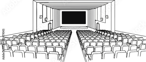 An empty cinema auditorium with rows of seats facing a large dark screen