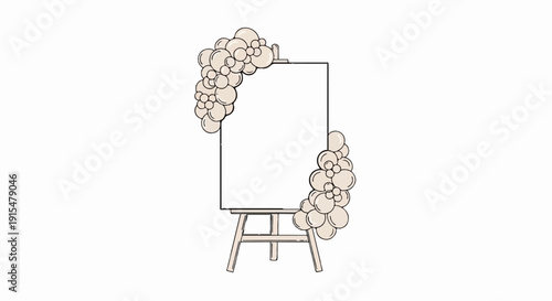 An empty canvas on an easel decorated with clusters of light-colored balloons