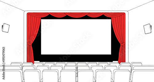 An empty movie theater with red curtains and a blank screen, facing seats