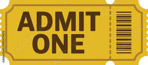 A yellow ticket with a barcode and admit one text