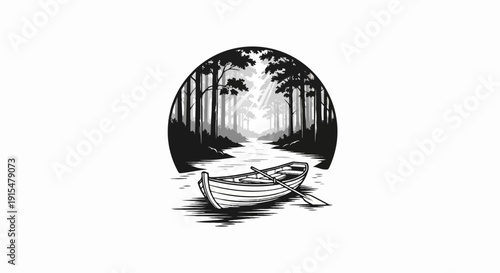 An empty rowboat with an oar rests on a calm river within a forest