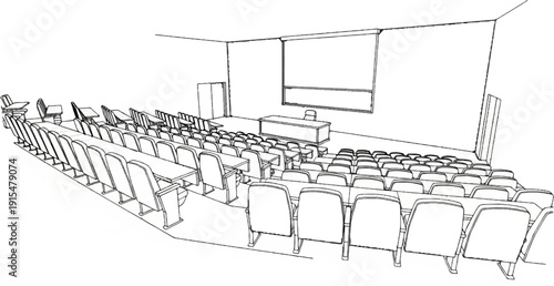 An empty lecture hall with rows of seats facing a presentation screen and desk