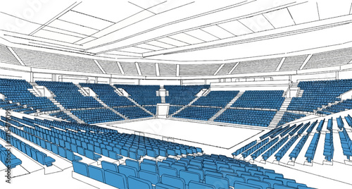 An empty stadium with tiered blue seating and a white court