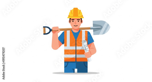 Construction Worker Holding Shovel Cartoon.