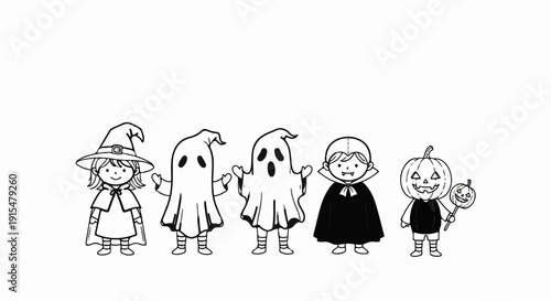 Adorable cartoon characters in Halloween costumes—witch, ghosts, vampire, and pumpkin