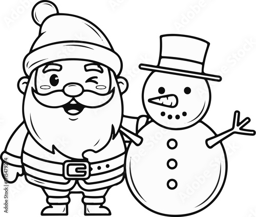 Adorable cartoon Santa and snowman with winking eye, ready for coloring