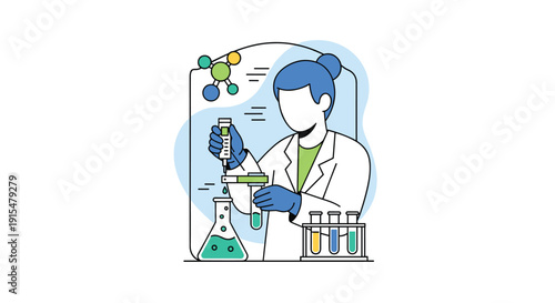 A modern illustration of a female scientist in a laboratory conducting a chemical experiment with beakers and a pipette.