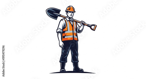 Construction Worker Holding Shovel Illustration.