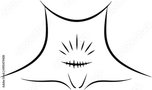 Abstract linework drawing of a stylized neck opening with radiating lines and teeth