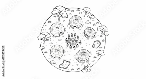 Aerial view of a circular village with thatched huts and people gathered