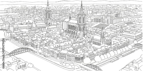 Aerial sketch of an old European city with spires and a bridge