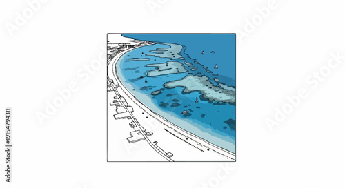 Aerial view of a coastal town with sailboats in a coral reef bay