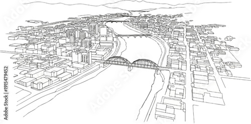 Aerial view of a city with a river and bridges, rendered in outline