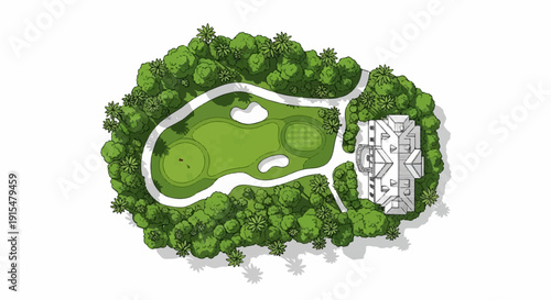 Aerial view of a golf course with a large building and surrounding trees