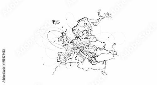 Abstract network connections across a European map with dotted lines
