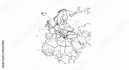 Abstract network connections overlaid on a map of Europe and Africa