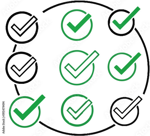 Abstract network of checkmarks in green and black