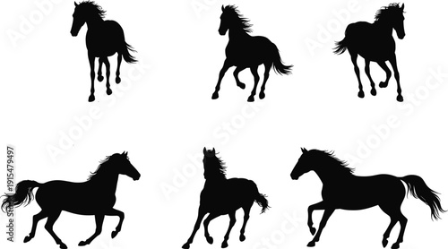 Collection of black silhouettes of horses running and galloping in various dynamic poses isolated on white background for graphic design.