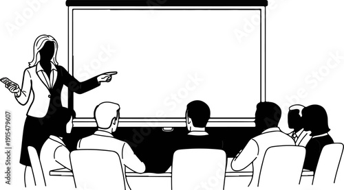 A woman points to a projection screen while an audience watches from seats