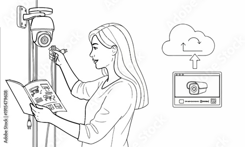 A woman installs a security camera, following instructions, connecting it to a cloud system