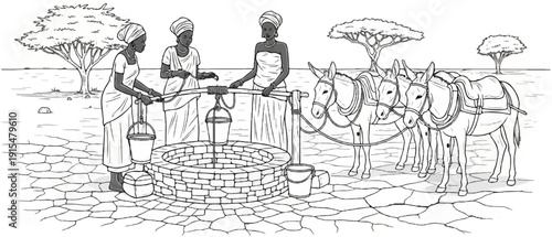 African women draw water from a well with donkeys waiting