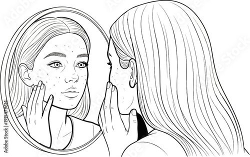 A woman inspects her reflection in a mirror, touching her acne-prone skin