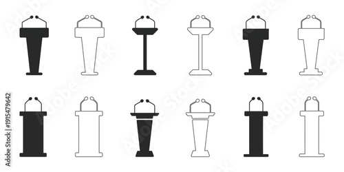 Collection of diverse podium and lectern illustrations with microphones for presentations and public speaking events
