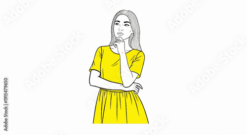A woman in a yellow dress contemplates, hand on chin, looking up