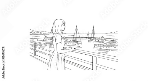 A woman in a dress leans on a railing, gazing at a harbor filled with sailboats and yachts