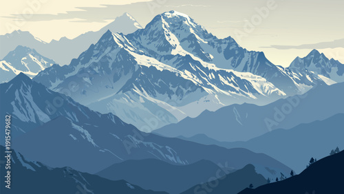 Mountain Peak and Summit Landscape Illustration Set, Snowy Alpine Ranges in Various Lighting and Atmospheric Styles