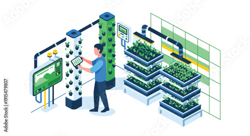An isometric illustration of a futuristic vertical farm with a worker using a tablet to manage an automated hydroponic system.