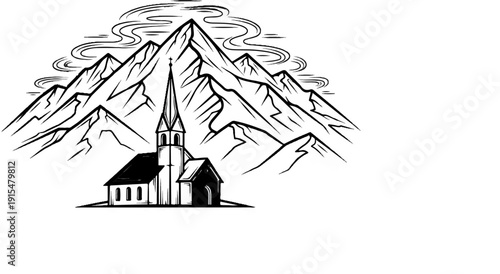 A stylized mountain range with a small church nestled at its base