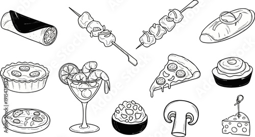 A variety of delicious food items presented in a playful sketch style