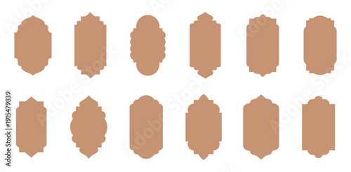 Islamic and ramadan kareem windows in oriental style. Border and frame with modern boho design template. Ramadan kareem silhouette icon. Mosque gate. Islamic arabesque pattern. Arabian muslim shape .