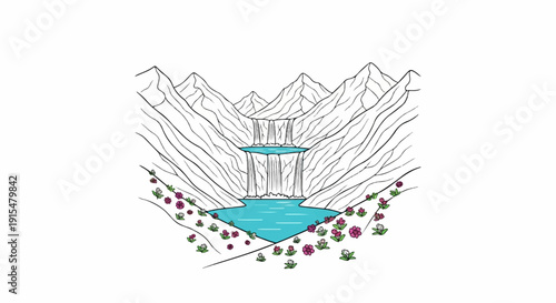 A stylized mountain range with cascading waterfalls into turquoise pools, surrounded by colorful flowers