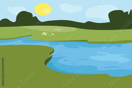 The meadow, the sky, the sun is shining and the river is flowing