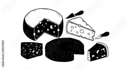 A variety of cheese wedges and wheels with knives